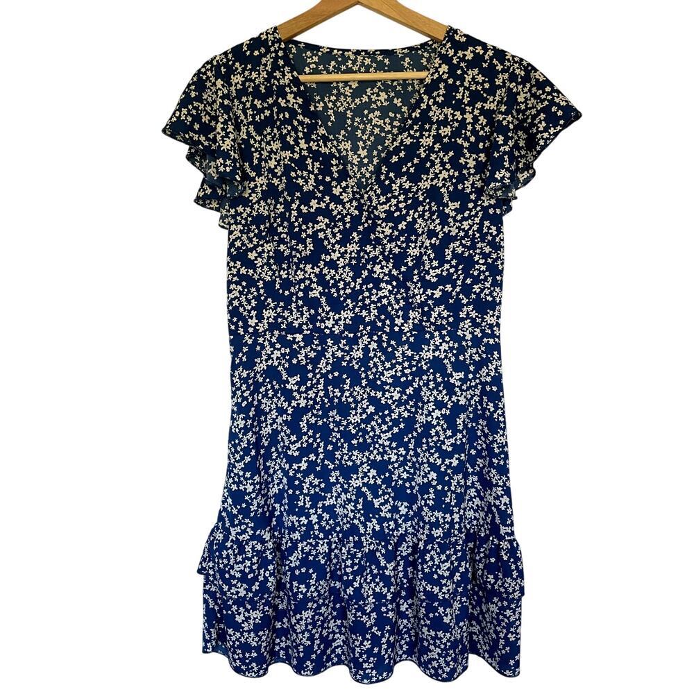 floral blue lightweight summer dress v-neck frilled sleeves women's S side zip